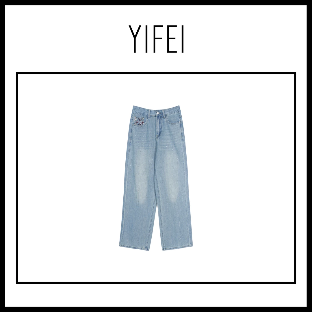 【艺菲专属】2025年夏季新款牛仔裤女士直筒宽松显瘦绣花烫钻款1673