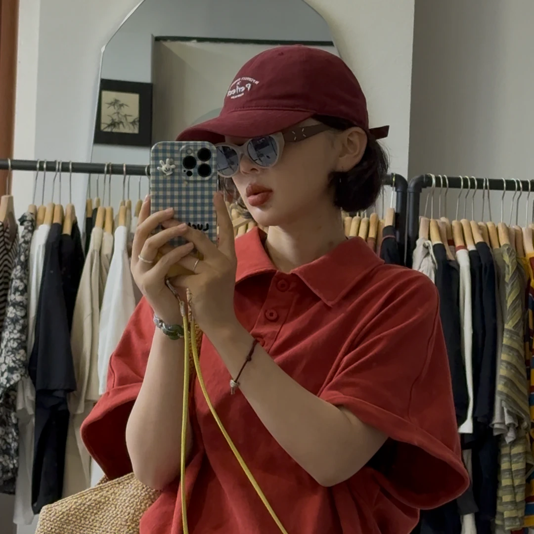 橘子罐头卫卫宽松百搭纯色复古日系港风翻领polo衫