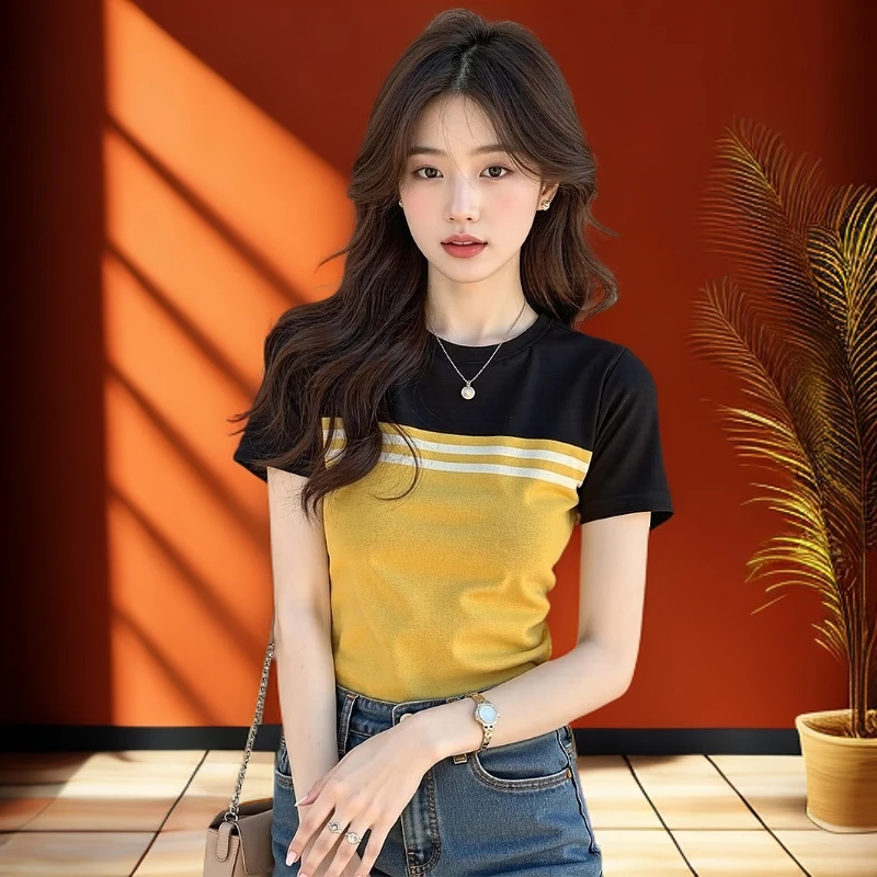 黄黑撞色条纹短袖t恤女夏季修身正肩显瘦设计感百搭圆领针织上衣