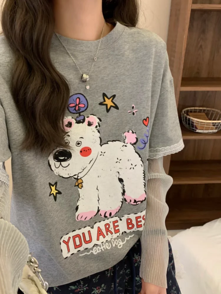 韩版减龄卡通小狗印花短袖T恤女2025春季新款宽松显瘦百搭上衣潮