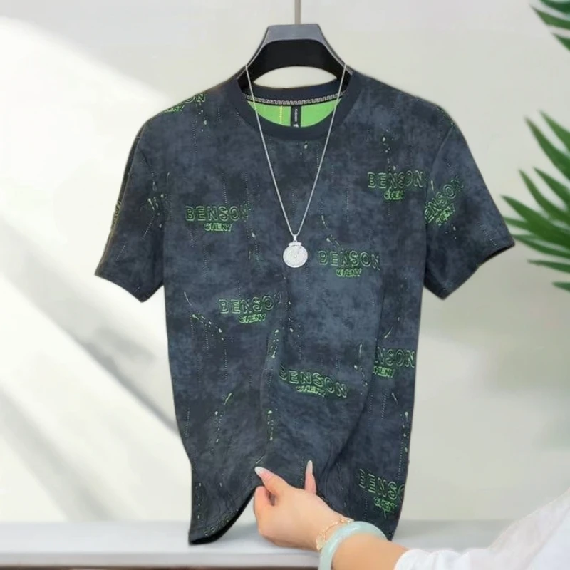 Hentilai夏季款短袖T恤男士薄款烧花时尚撞色百搭宽松圆领 半袖男