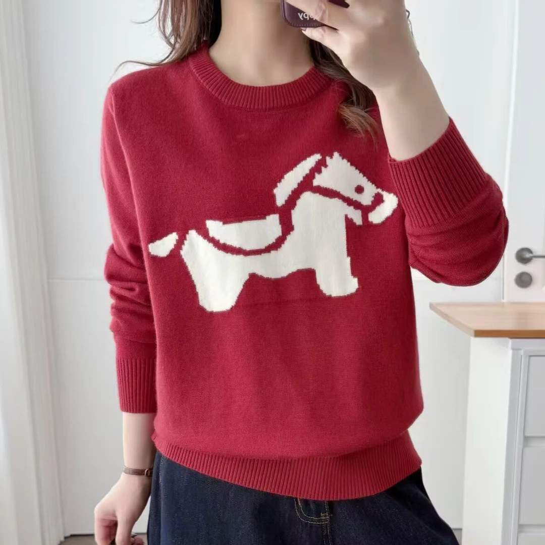 马年新款大码女装微胖MM小马提花圆领毛针织衫宽松百搭打底上衣