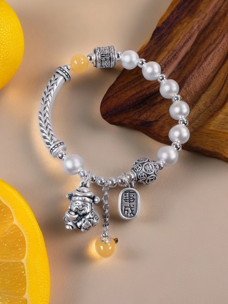 足银手链 潘格拉 足银手链【八方来来】复古大麦财爷爷纯银手链