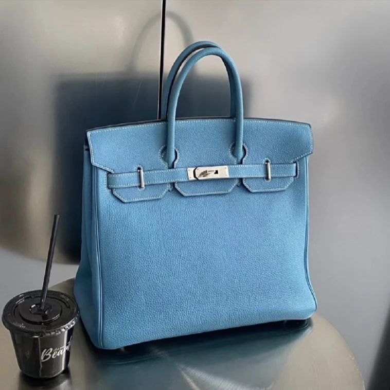 99新 Hermes/爱马仕 bk40牛仔蓝色hac银扣山羊L手提包8064006