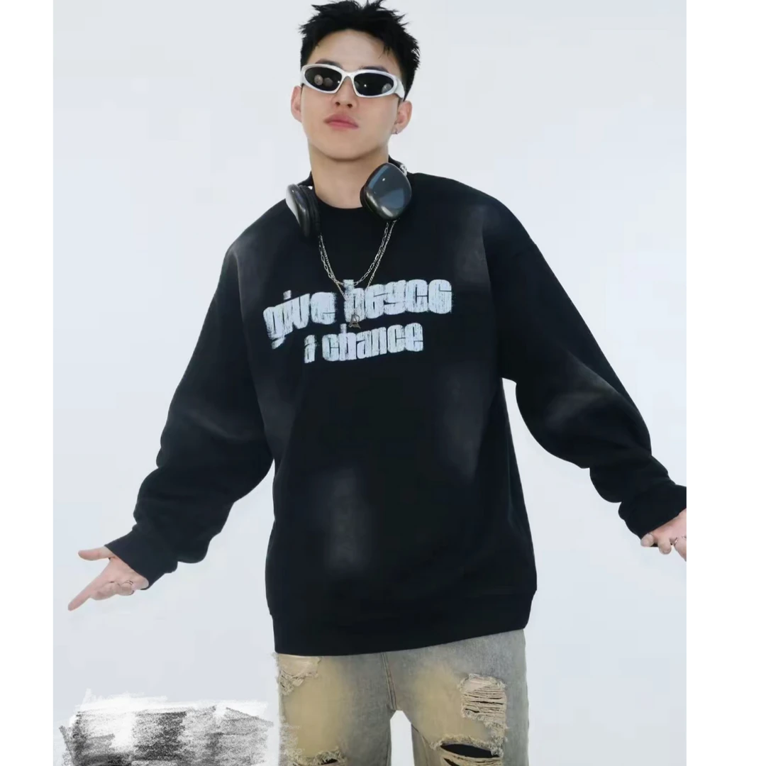 潮牌加绒加厚男女冬季水洗扎染字母打底圆领卫衣秋冬25318/B1