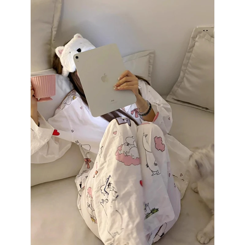 甜美可爱卡通印花睡衣女款夏季可外穿家居服宽松舒适长袖长裤套装