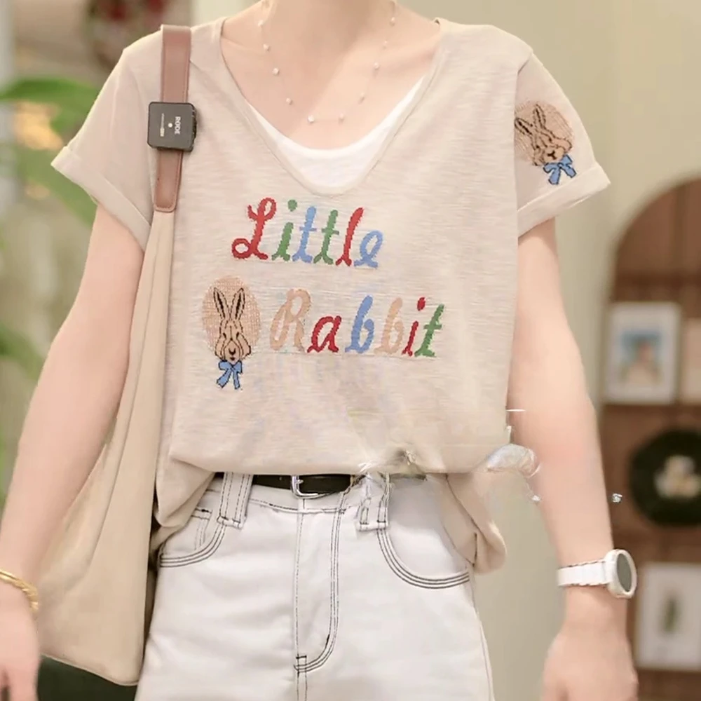 2025假两件拼接短袖t恤女2025夏季刺绣宽松休闲百搭上衣