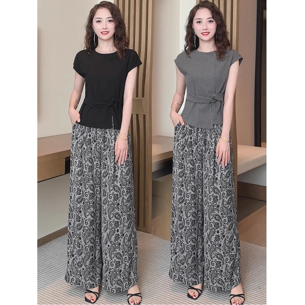时尚套装女2025夏季新款洋气质显瘦短袖T恤印花阔腿裤减龄两件套