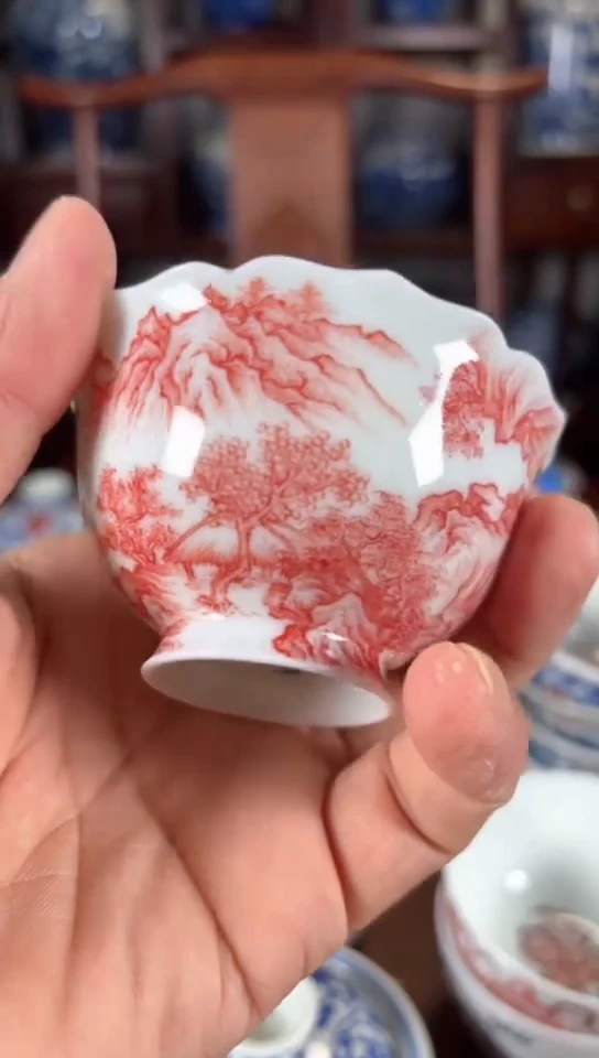 柴窑釉里红山水花口杯杯张天云绘