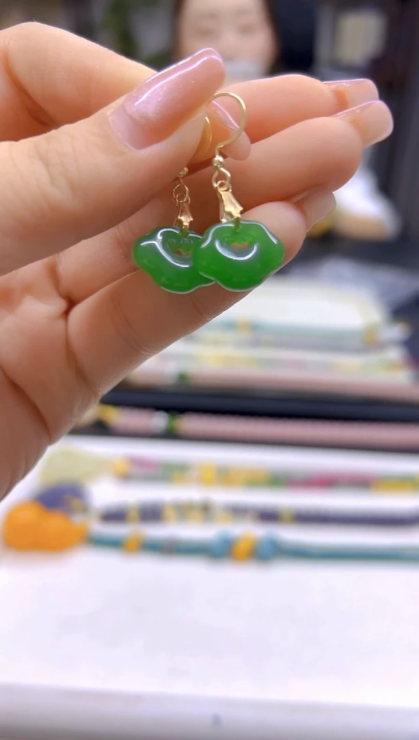 和田玉（碧玉）14K金镶嵌耳饰DIY款E859