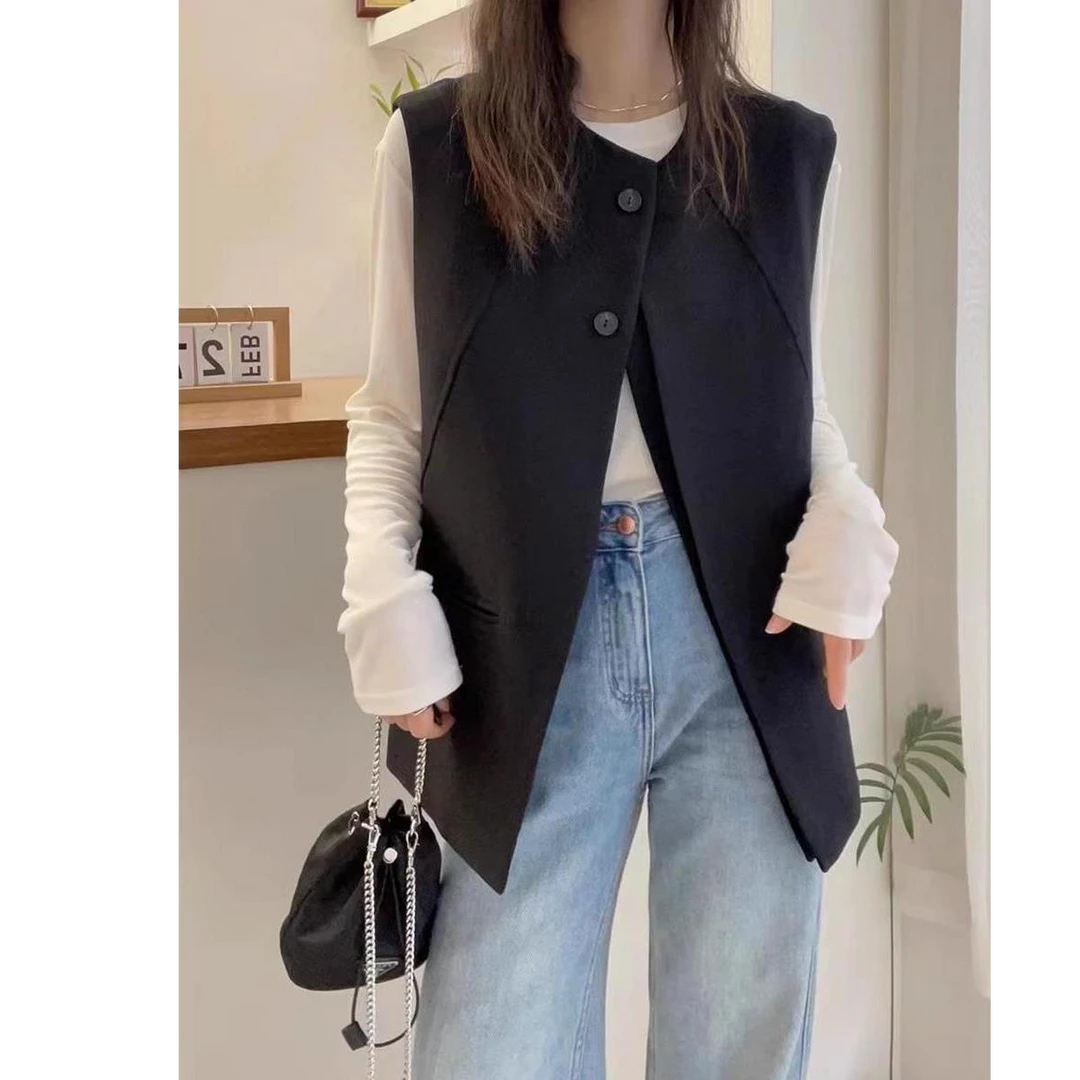 高级感气质黑色西装马甲女潮流春夏宽松洋气圆领无袖马夹坎肩上衣