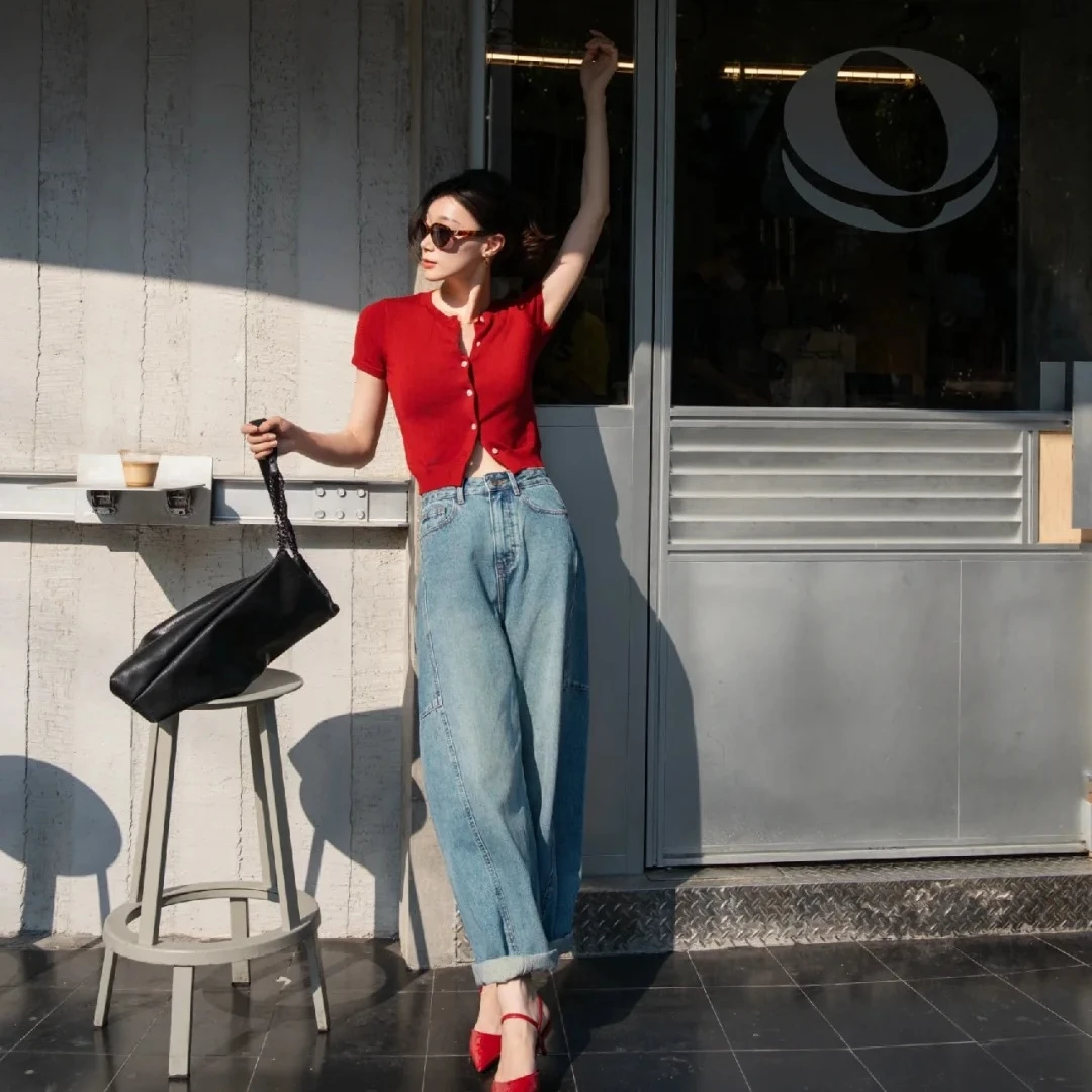 夏季新款气质韩系高级感复古上衣女装女装显瘦牛仔裤子洋气休闲装