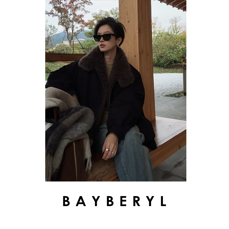 BAYBERYL老贝蒙马特*山羊绒毛领宽松黑羽绒服YRF5J1501-11/11
