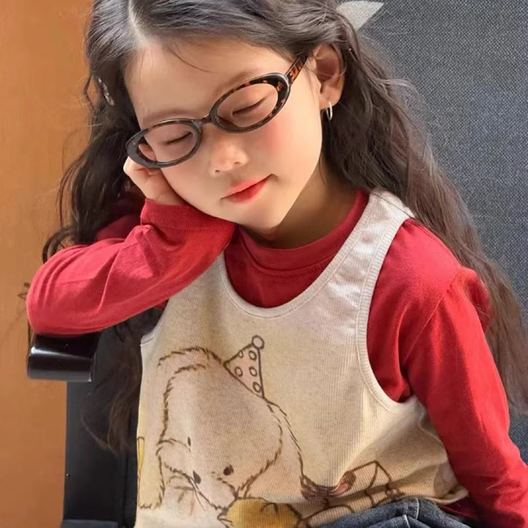 喜呦女童25秋~小狗印花背心打底衫两件套上衣