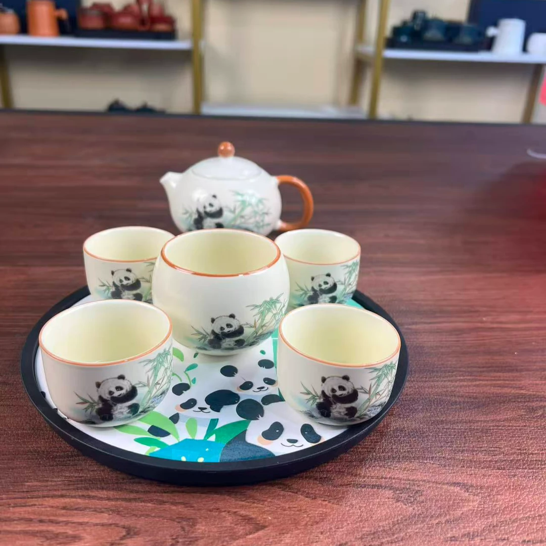 Z3146 汝窑熊猫抱竹龙蛋壶汝瓷开片熊猫抱竹泡茶功夫茶具套组