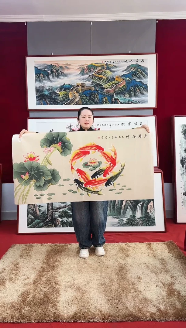 国画手绘鱼图163*83尺寸
