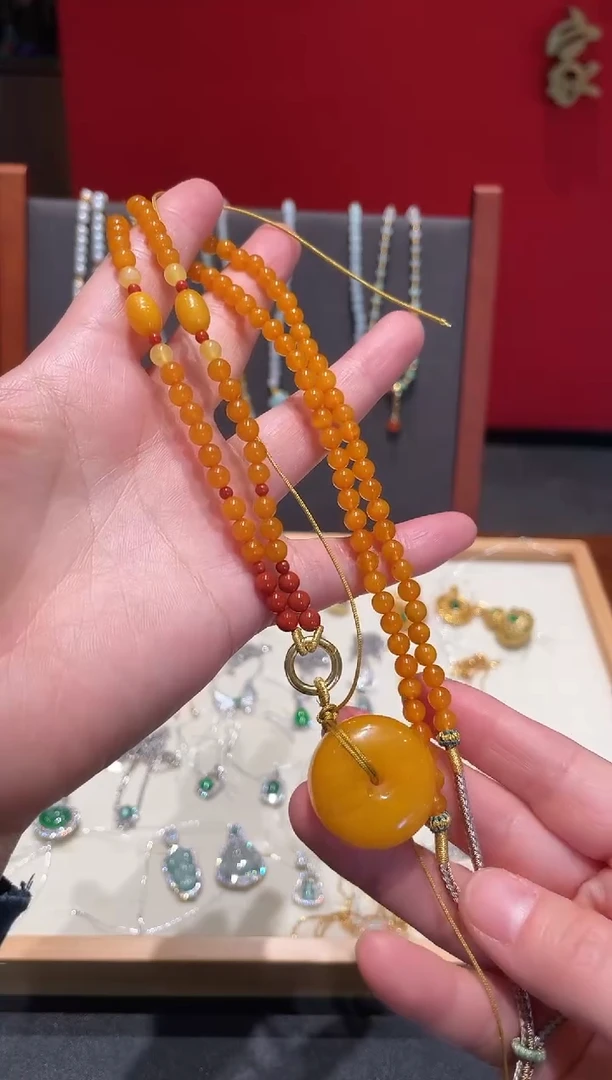 琥珀颈饰未镶嵌蜜蜡平安扣套链