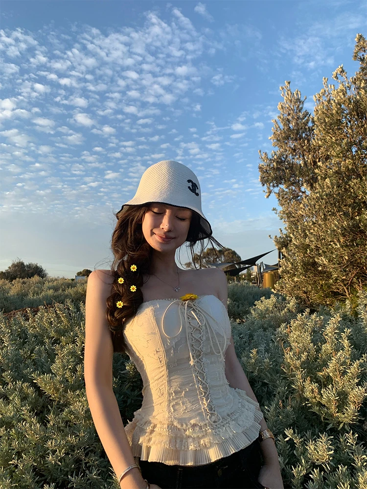 纯欲风性感辣妹系带修身显瘦百搭抹胸上衣复古蕾丝边一字肩胸衣女