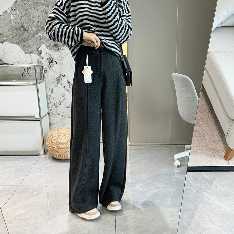 大码慵懒风毛呢直筒阔腿休闲裤女秋季款梨形身材高腰宽松显瘦裤子