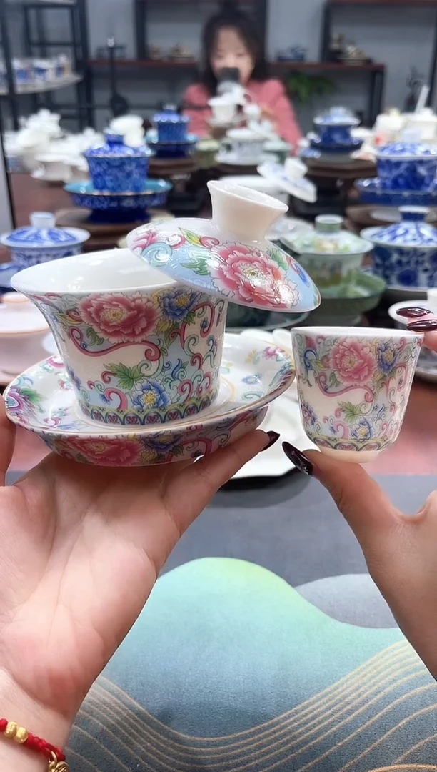 【闪购商品】掐银富贵红牡丹盖碗+1杯