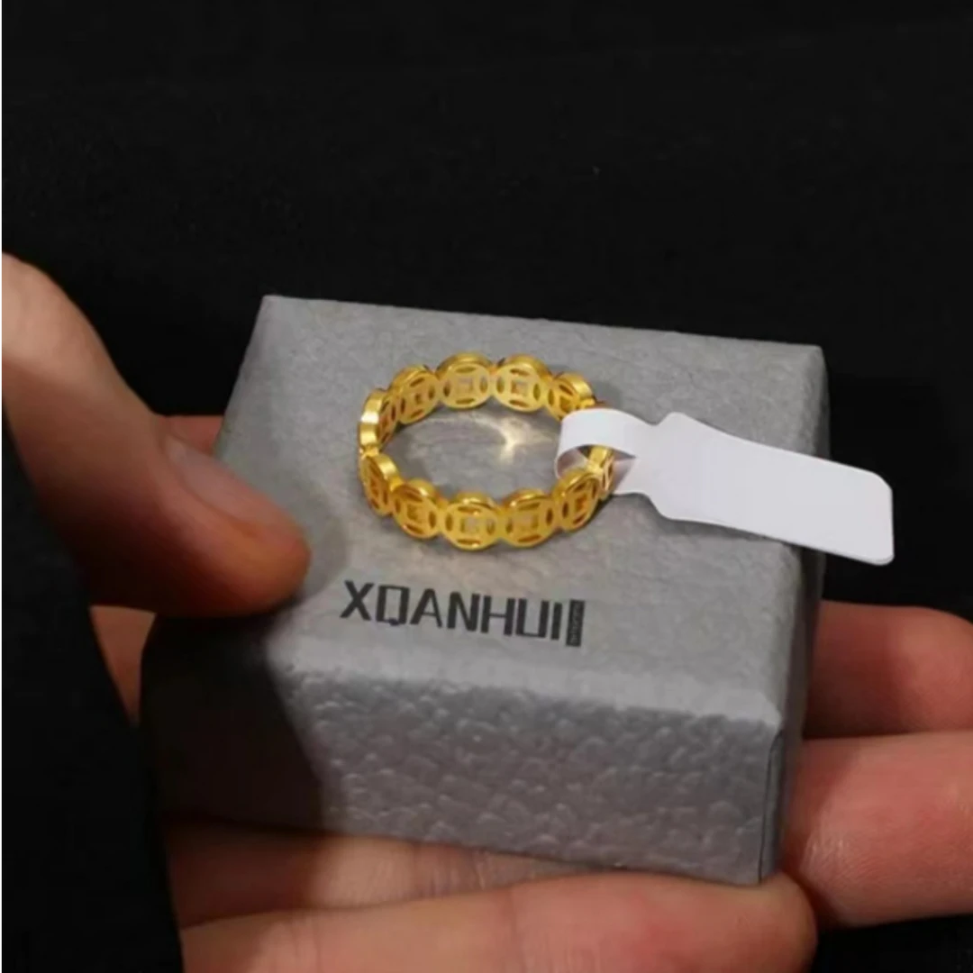 钛钢戒指 新款招财金币缕空戒指 铜钱财运情侣戒指不掉色蛇年必备