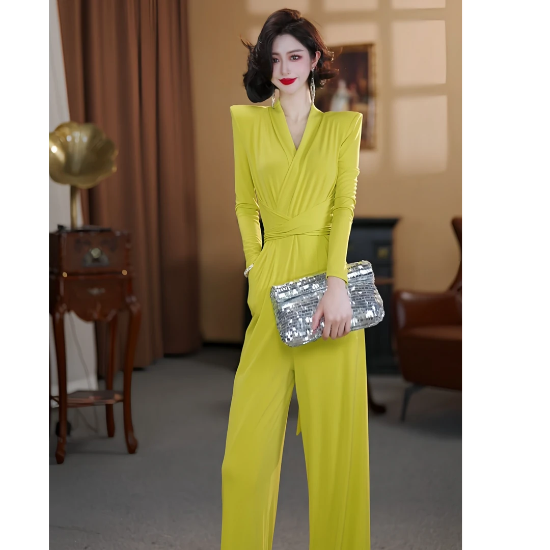 【大晶定制】新款气质网纱荧光绿显瘦垫肩修身连体裤-DJ10142