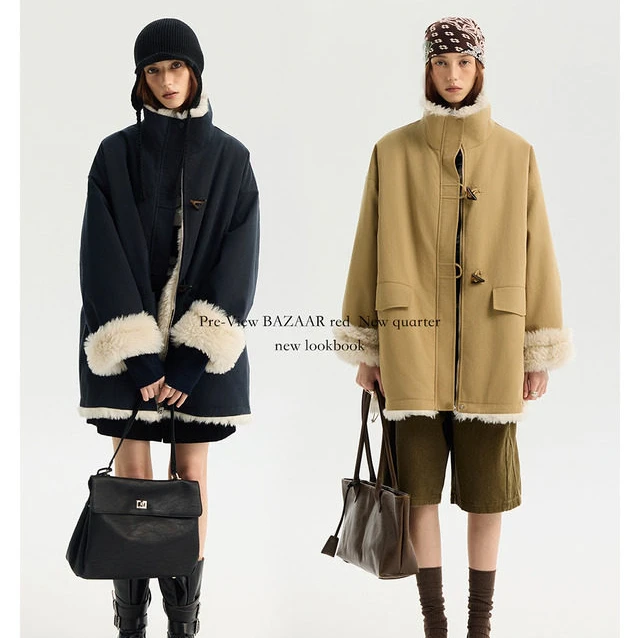 BAZAAR RED芭莎红【双面穿】 时尚复古牛角扣保暖派克服外套3442