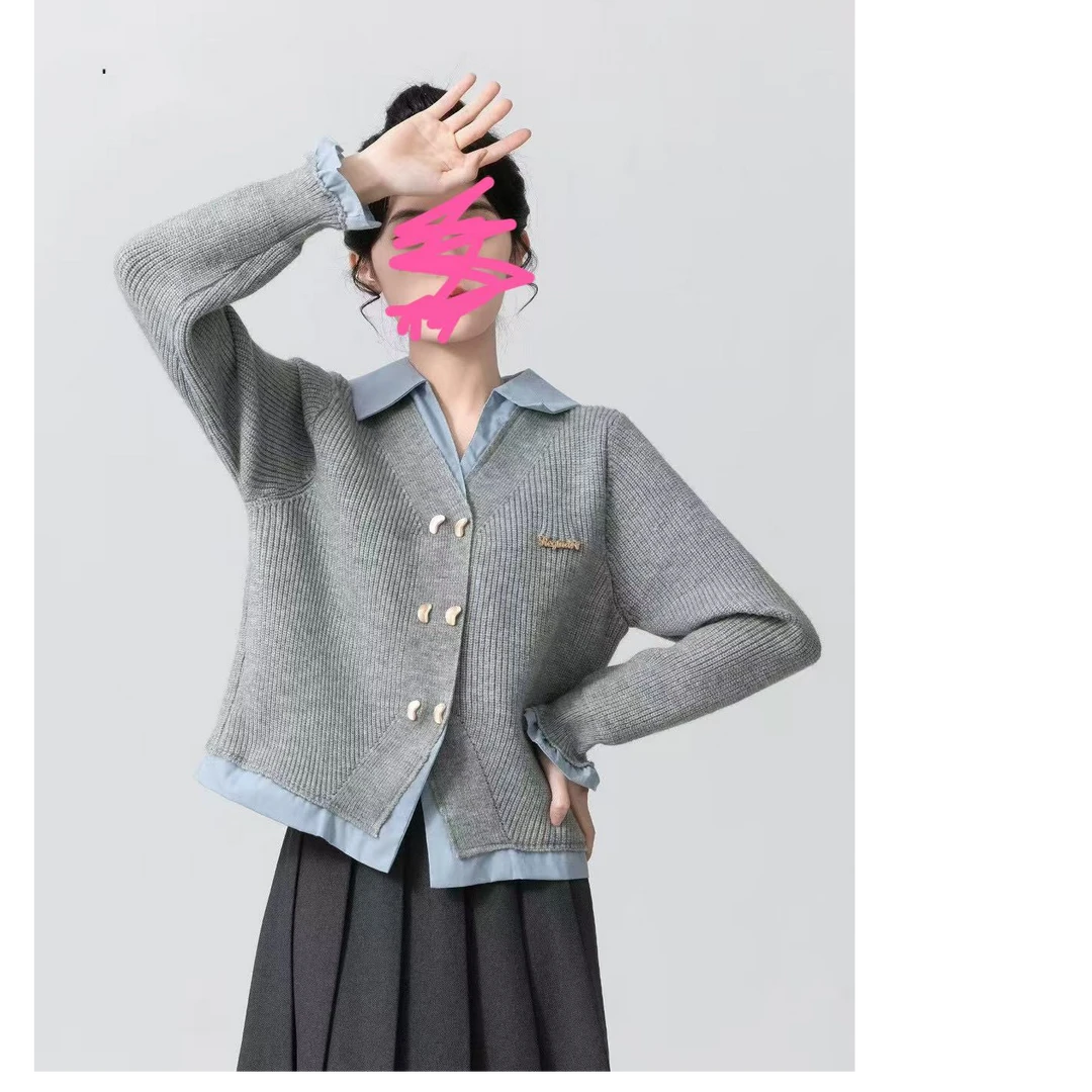 假两件POLO领毛衣女春秋2025新款学院风拼接针织开衫外套短款上衣