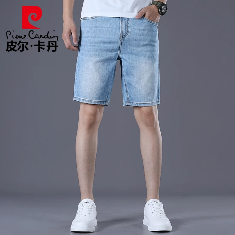 夏季薄款】皮尔卡丹中腰浅蓝色牛仔短裤男小直筒休闲透气22135