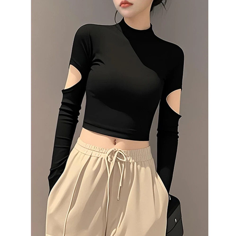 春秋新款黑色半高领长袖打底衫女露脐短款螺纹设计感紧身内搭上衣