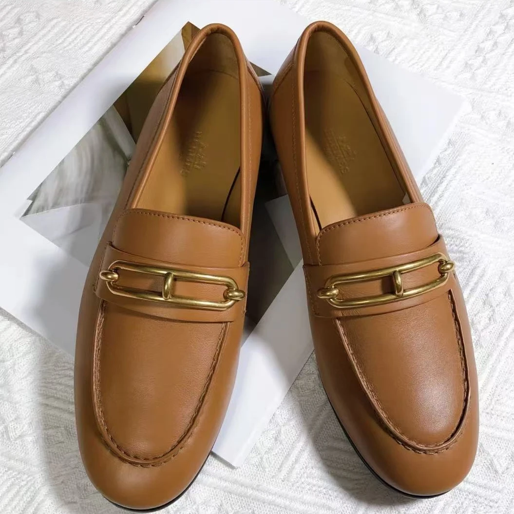 99新 Hermes/爱马仕 金棕猪鼻乐福鞋  37.5