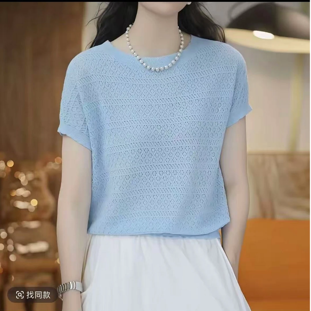 时尚透气3】夏季上衣女百搭毛针织衫纯色短袖提花圆领镂空