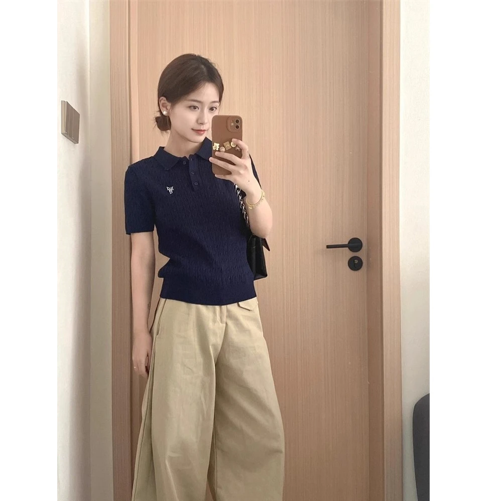 韩系藏青色polo领针织冰丝短袖t恤女夏季时尚高级感短款正肩上衣