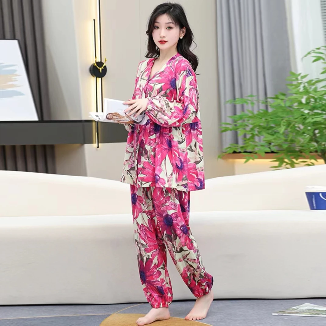 2025春夏女士棉绸睡衣套装宽松大码V领开衫家居服薄款