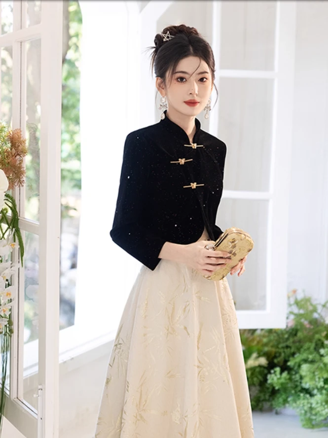 黑色新中式年会旗袍晚礼服国风套装声乐艺考高端轻奢秋冬季长袖