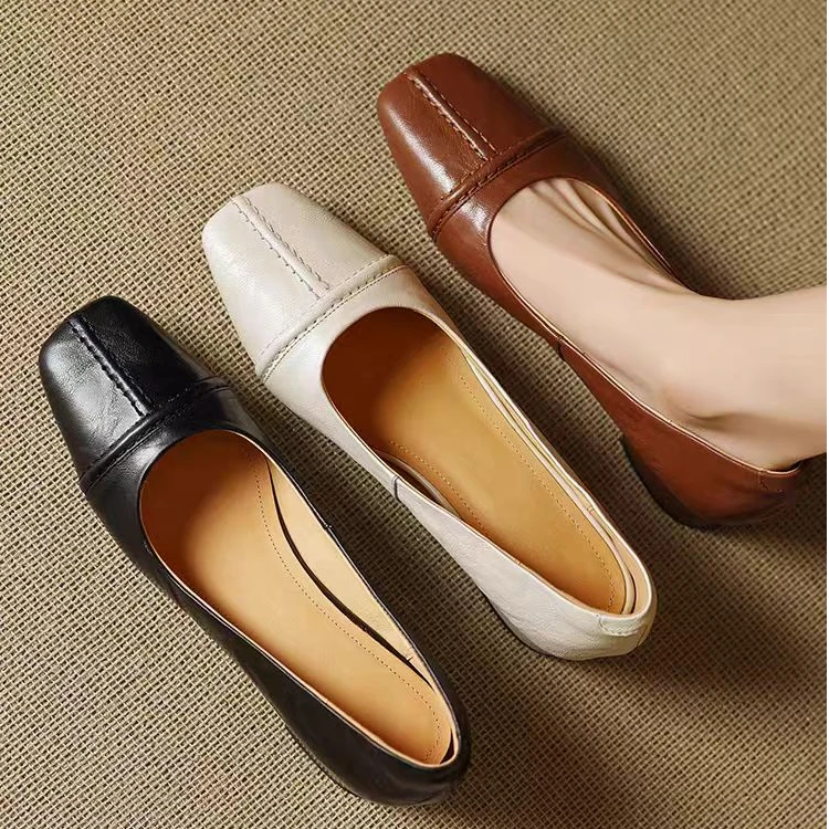 暖暖家~气质高档羊皮粗跟单鞋女2025春季新款浅口方头春秋小皮鞋