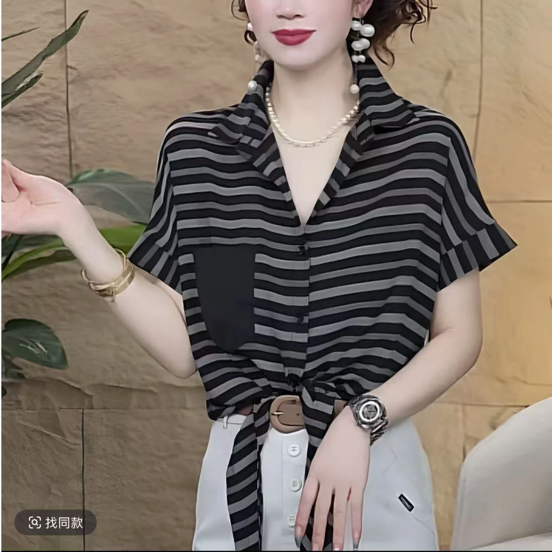 202条纹短袖衬衫洋气系带新款时尚舒适设计感女装薄款开衫上衣潮
