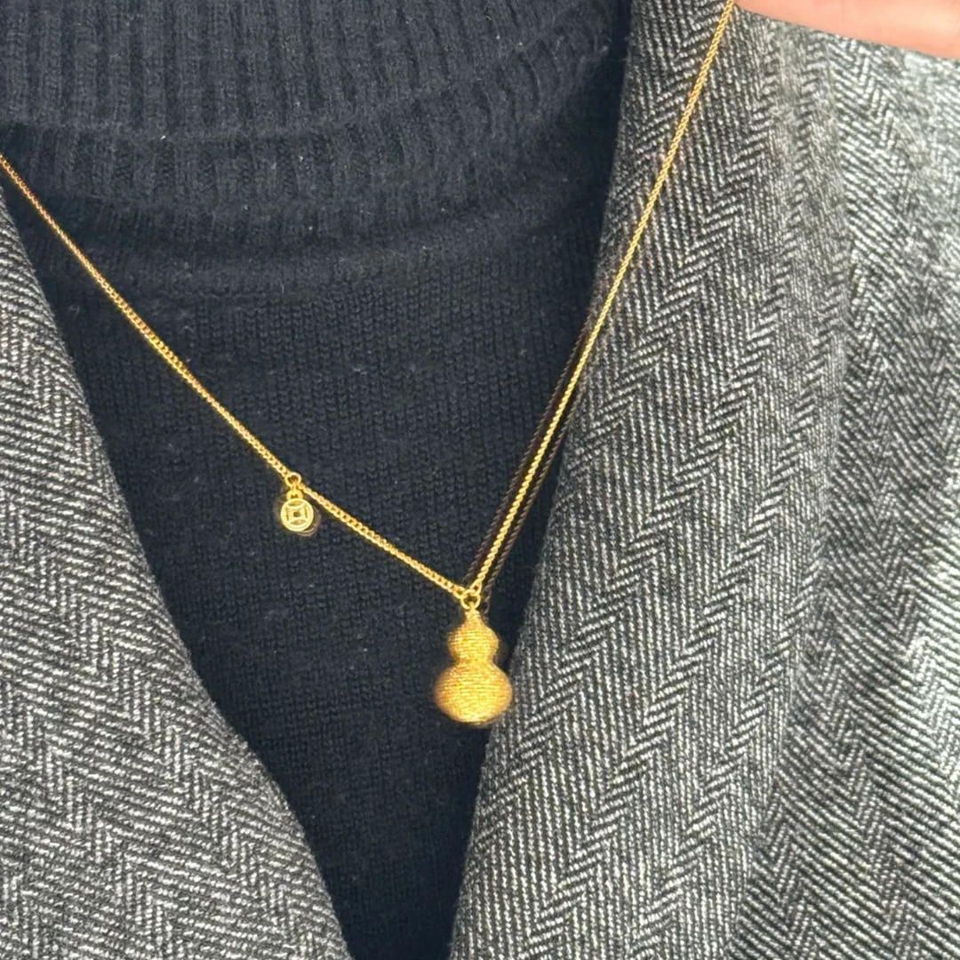 瑞诺黄金拉丝葫芦项链新款足金999葫芦小铜钱吊坠时尚锁骨链礼物