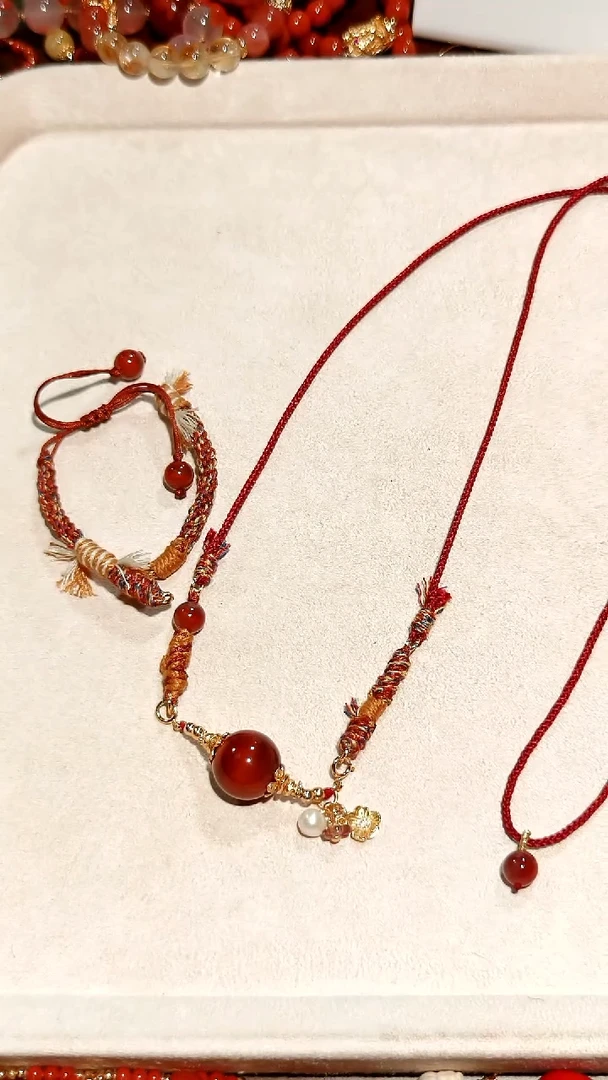 银S925镶嵌原矿玫锦双色南红玛瑙多用款