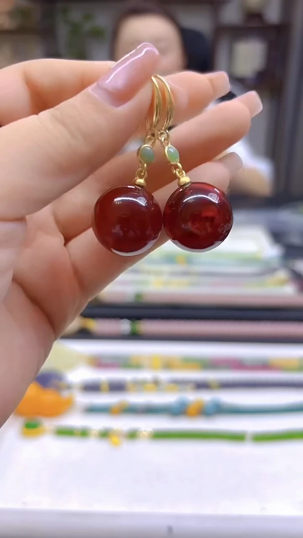 14K金镶嵌血珀耳饰DIY款E706