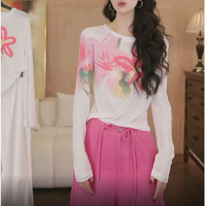 设计感花朵涂鸦印花长袖T恤女2025新款夏季薄款透气防晒罩衫上衣
