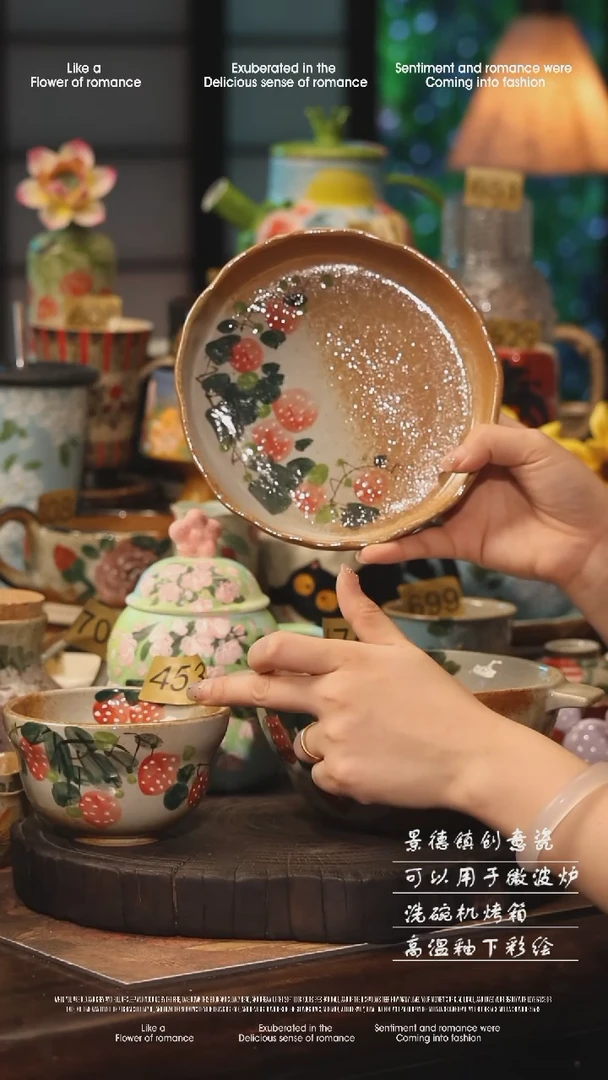 陶瓷三件套景德镇高温釉下彩手工手绘款式