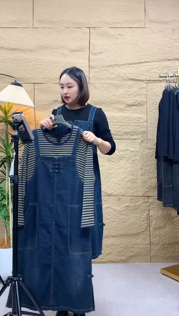 背带款牛仔款连衣裙条纹3XL
