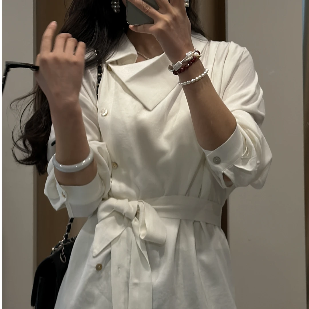 领口不对称设计～简约大气宽松腰带衬衫