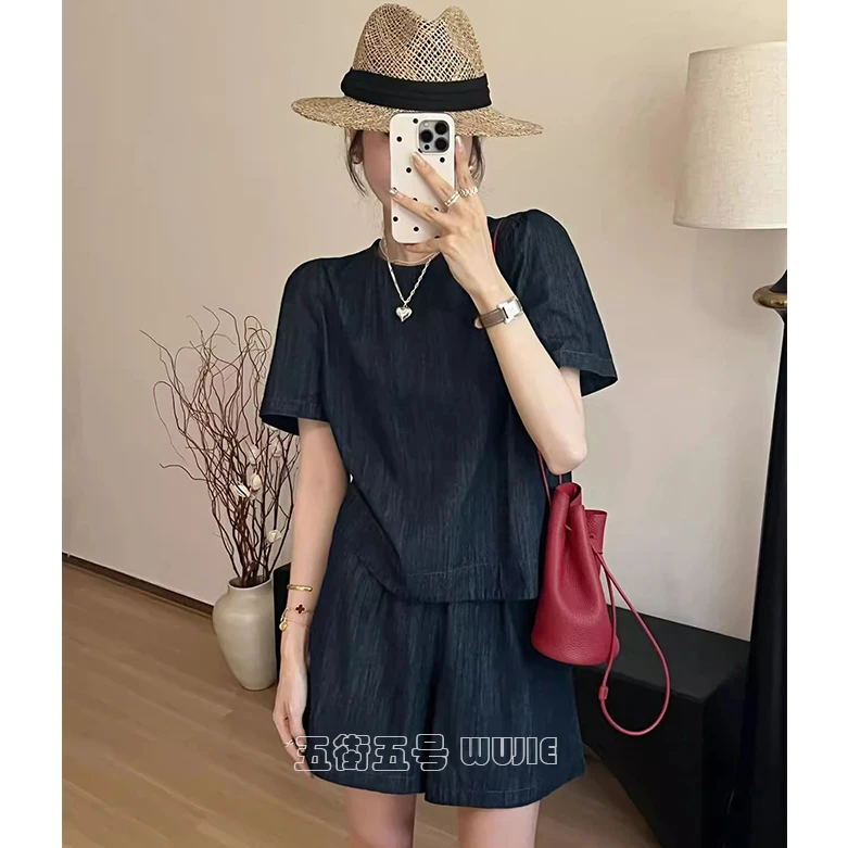 2025夏季新款法式圆领短袖上衣+宽松休闲短裤复古牛仔套装女