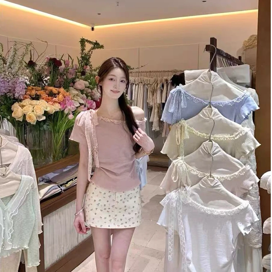 斜肩设计拼接蕾丝花边针织T恤女夏季薄款系带甜美小个子短袖上衣