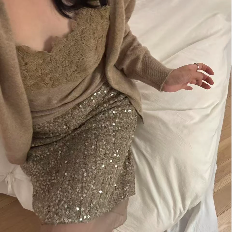 秋冬新款法式慵懒感高级感外套立体蕾丝钩花针织吊带背心上衣半裙