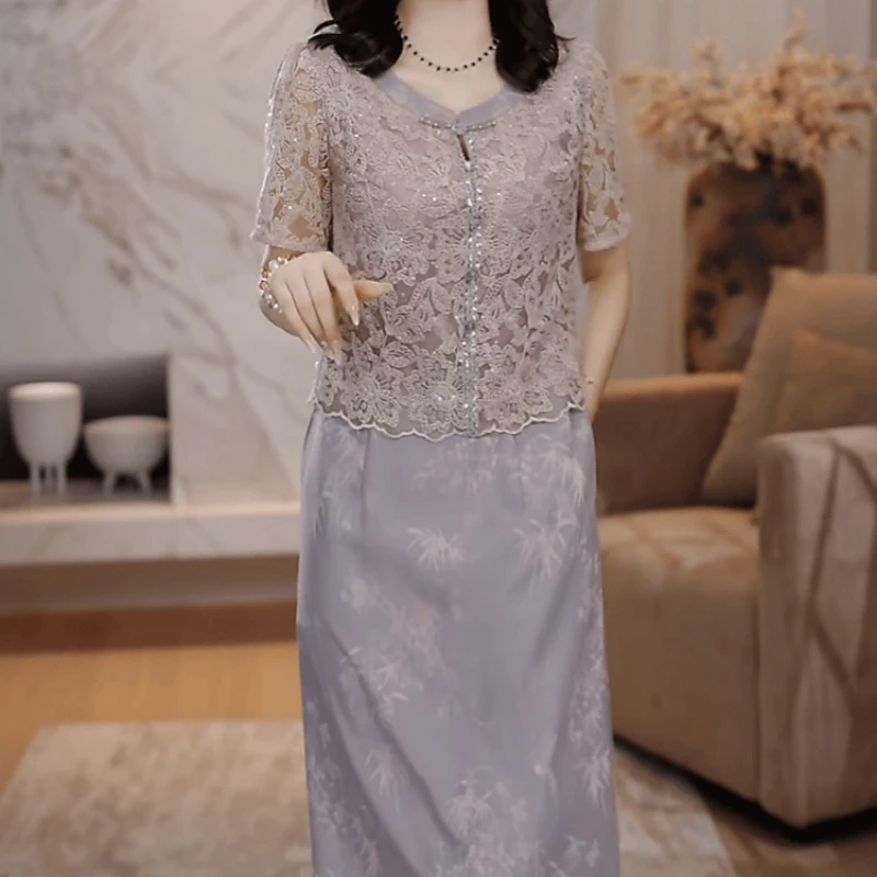 2025夏季新款时尚优雅蕾丝钩花设计拼接修身显瘦洋气假两件连衣裙