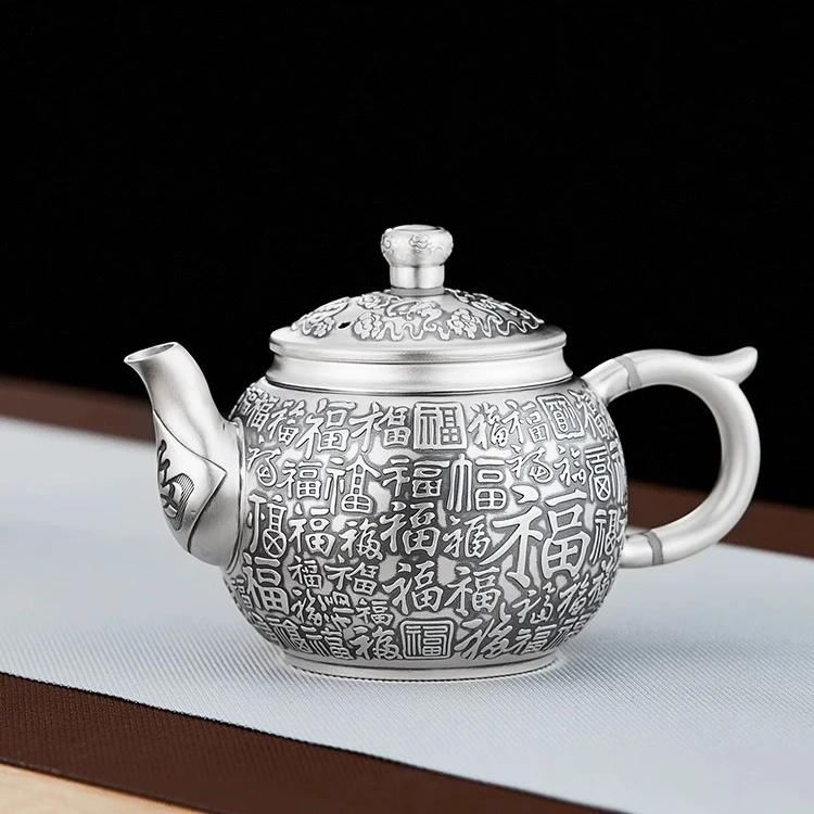 银壶999纯银泡茶壶手工浮雕百福银壶茶壶999足银泡煮茶壶功夫茶具