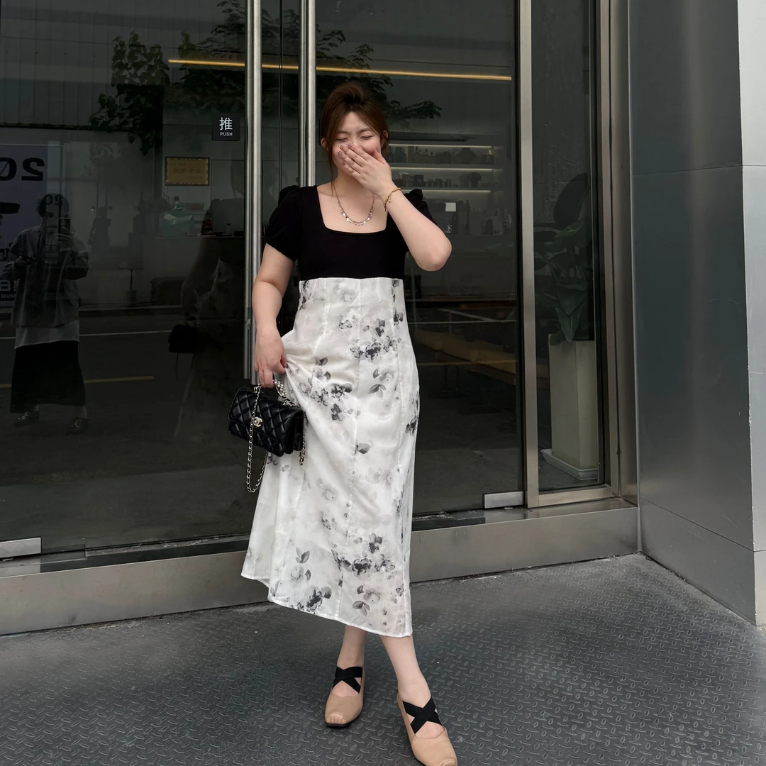 晶咕软软【青云涧】法式气质时尚拼接设计感假两件水墨印花